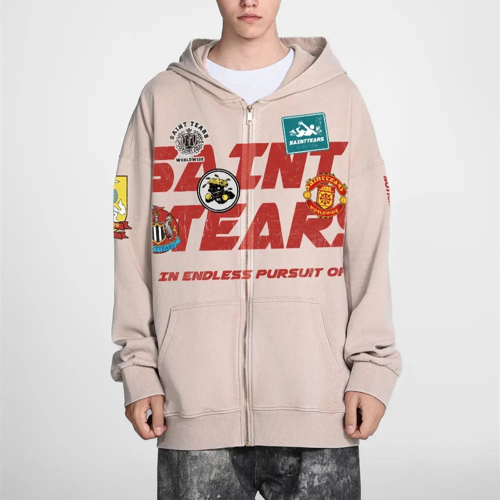 Mess Saint tears Badge Zip Up Premium Hoodie